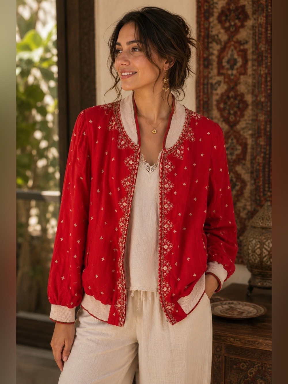 Conditions Apply Red Embroidered Women's Jacket Size XS Boho Festival